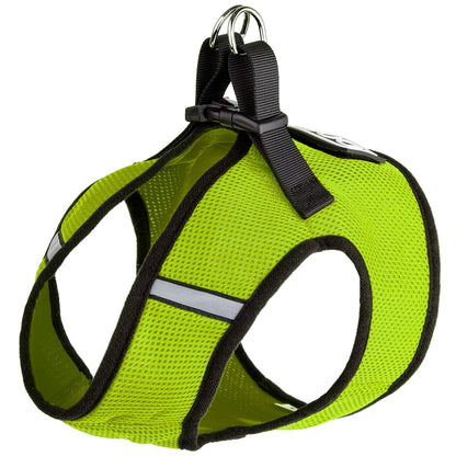 Boston mesh dog harness with built-in hook and loop fastener for secure fit, breathable comfort, and easy wear"