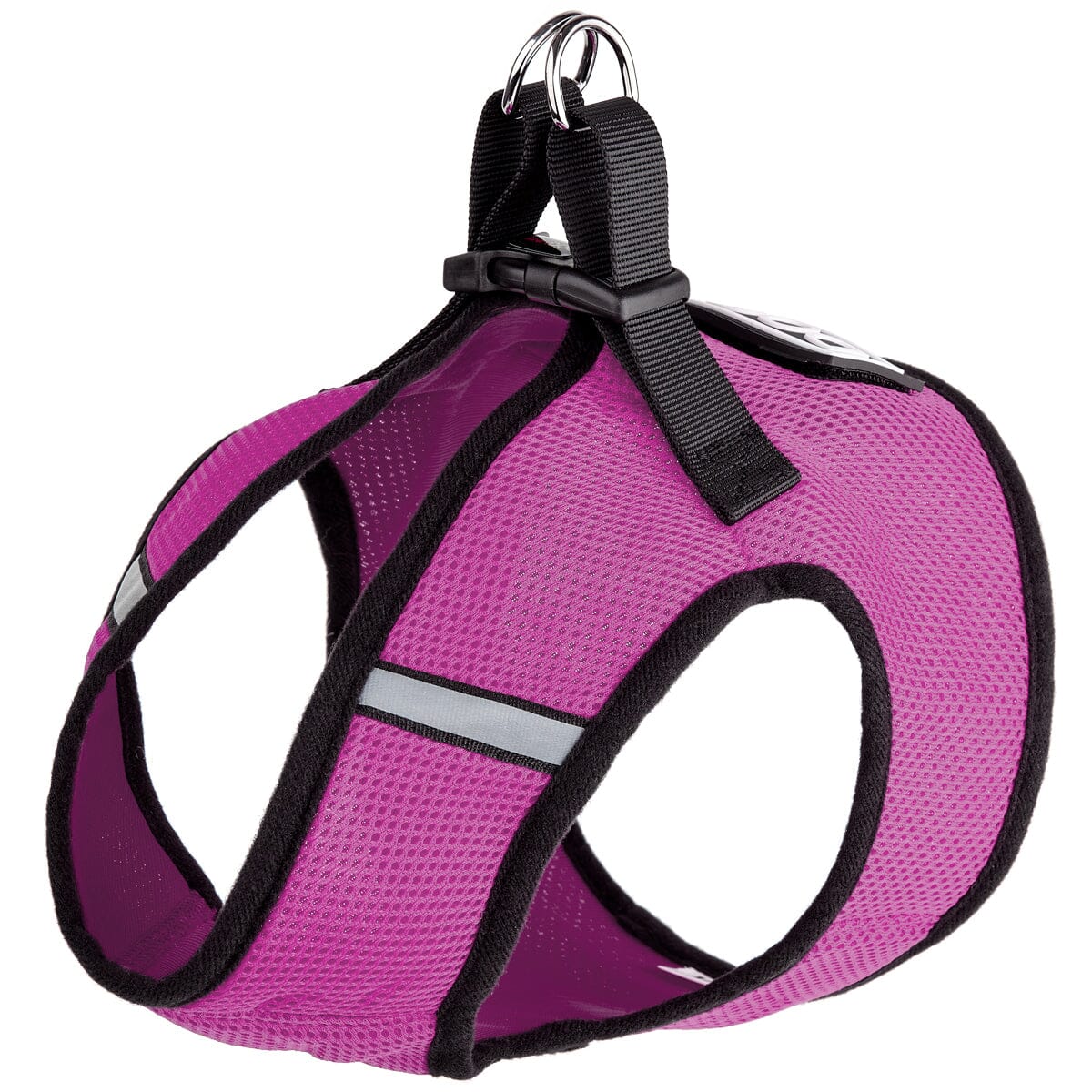 Boston mesh dog harness with built-in hook and loop fastener for secure fit, breathable comfort, and easy wear"