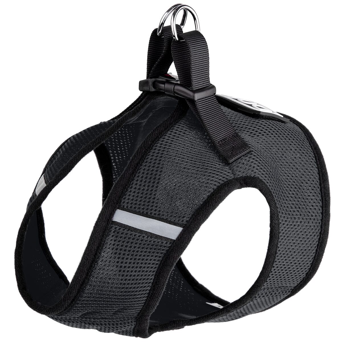 Boston mesh dog harness with built-in hook and loop fastener for secure fit, breathable comfort, and easy wear"