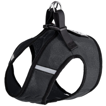 Boston mesh dog harness with built-in hook and loop fastener for secure fit, breathable comfort, and easy wear"