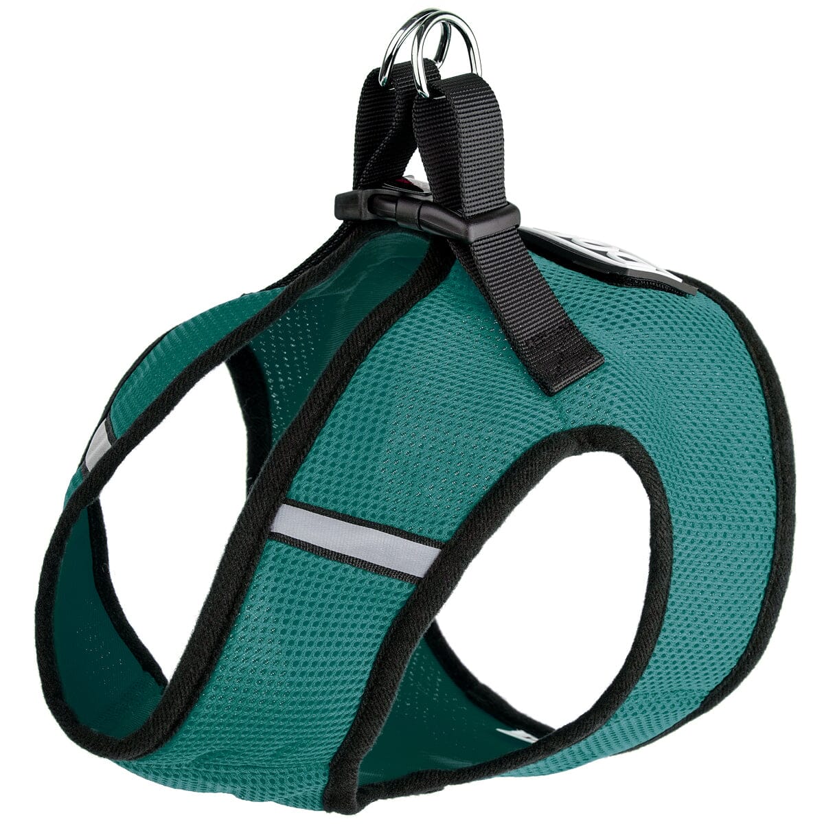 Boston mesh dog harness with built-in hook and loop fastener for secure fit, breathable comfort, and easy wear"