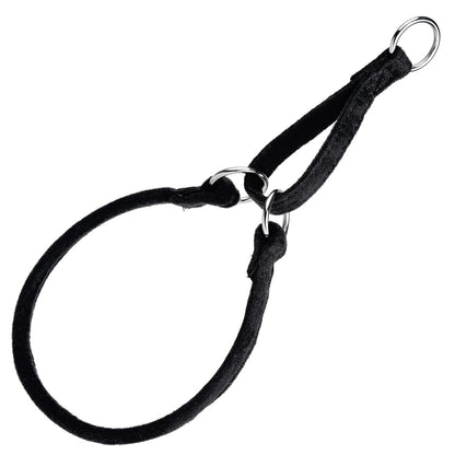 Black martingale dog collar with metal rings, round design, made from microfiber