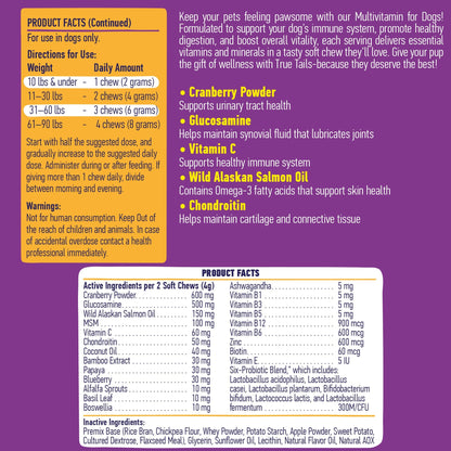 True Tails Multivitamin product facts and feeding directions by dog weight - active ingredients per 2 chews
