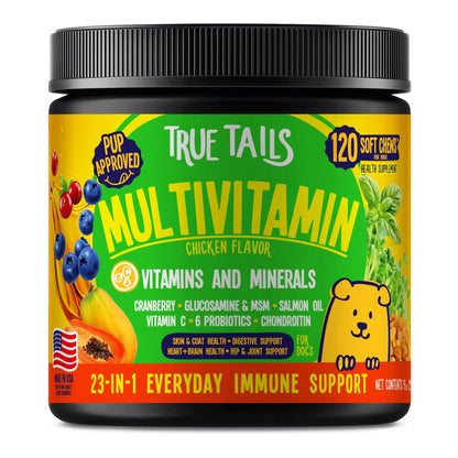 True Tails Multivitamin chews for dogs chicken flavor jar - 23-in-1 dog vitamins 120 soft chews