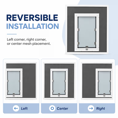 Hale Universal Screen Pet Door retainer clip detail — reversible left or right corner screen dog door