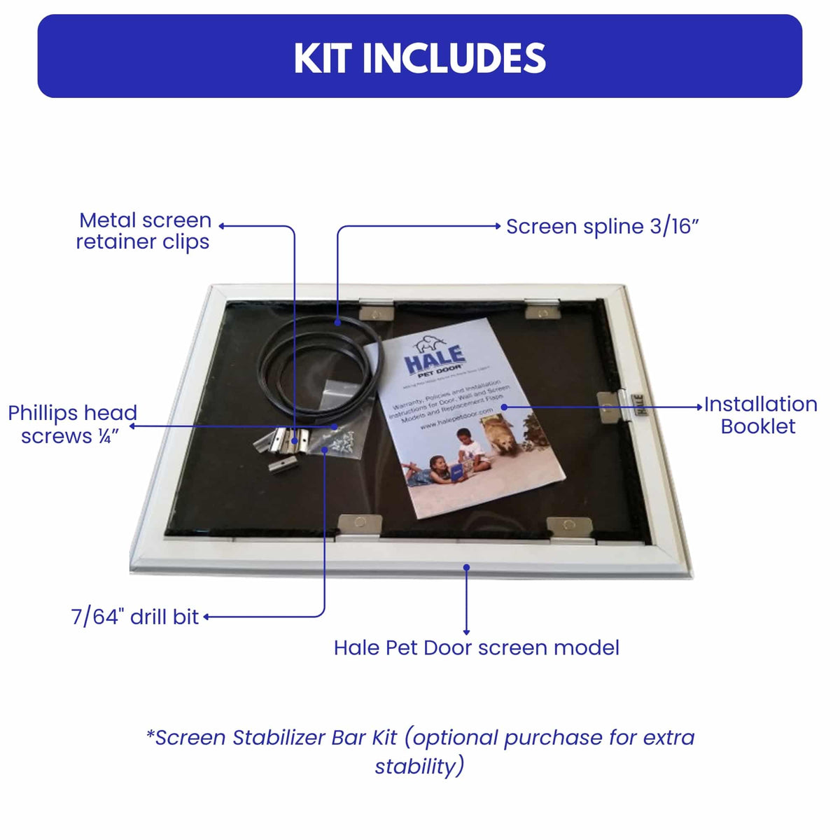 Hale Screen Model pet door kit includes - screen pet door, metal retainer clips, screen spline, screws, drill bit and installation booklet
