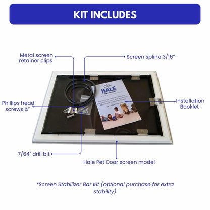 Hale Screen Model pet door kit includes - screen pet door, metal retainer clips, screen spline, screws, drill bit and installation booklet