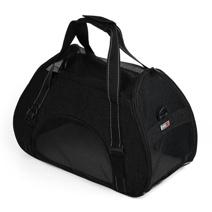 Airline-approved pet carrier backpack with small dog inside, head sticking out for safe, comfortable, and hands-free travel"