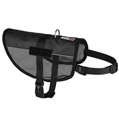 A display of a black Breathable mesh air vest for dogs, ideal for warm weather walks