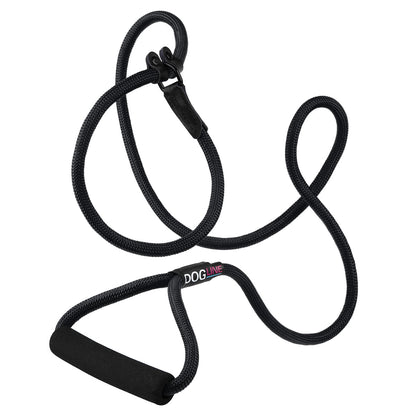Black nylon slip lead with padded neoprene handle, 1/2 inches wide, round rope design