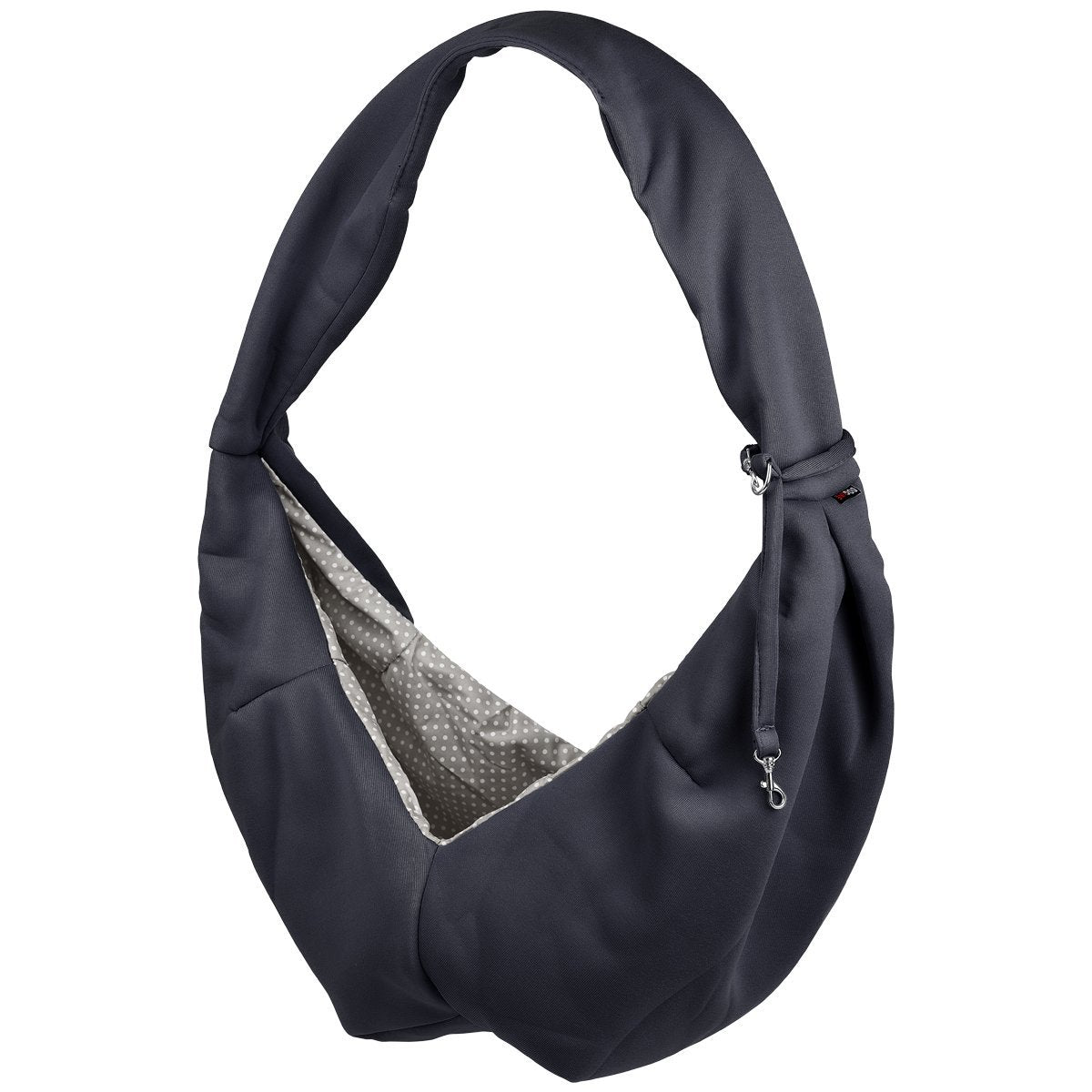 A girl wearing a Comfortable pet slings with her dog in it great for for carrying small dogs and cats – hands-free, adjustable, and stylish pet carriers