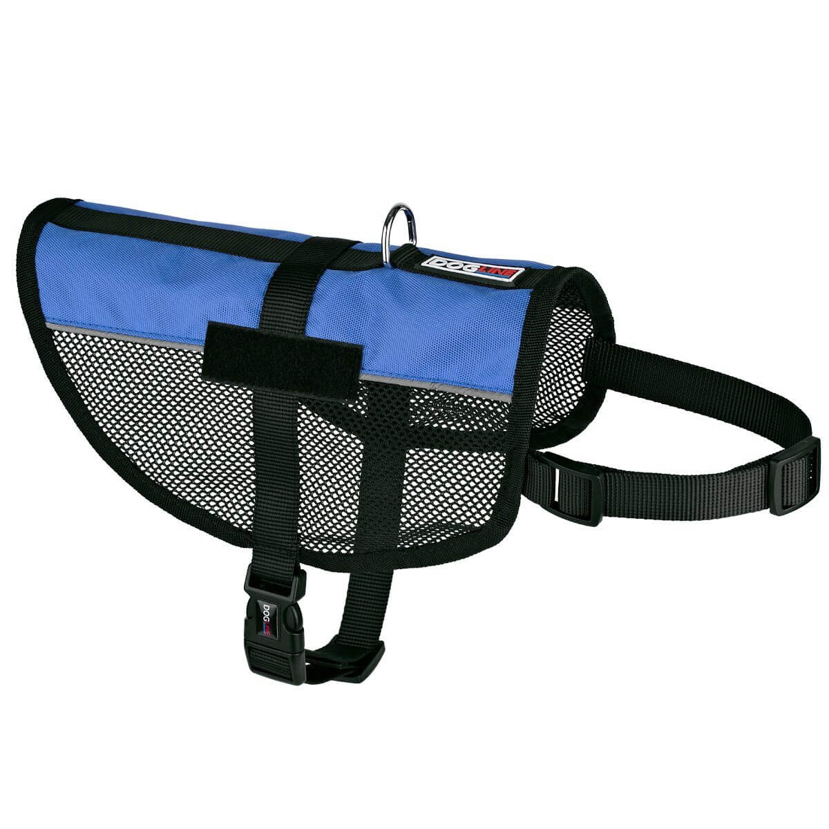 A display of a blue Soft, ventilated dog vest harness made with breathable mesh fabric