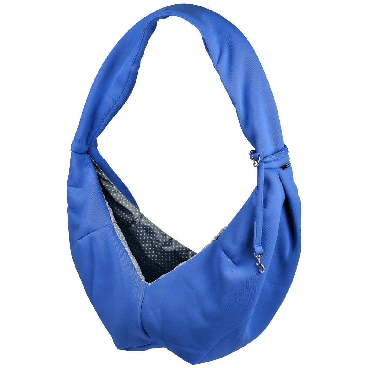 A girl wearing a Comfortable pet slings with her dog in it great for for carrying small dogs and cats – hands-free, adjustable, and stylish pet carriers