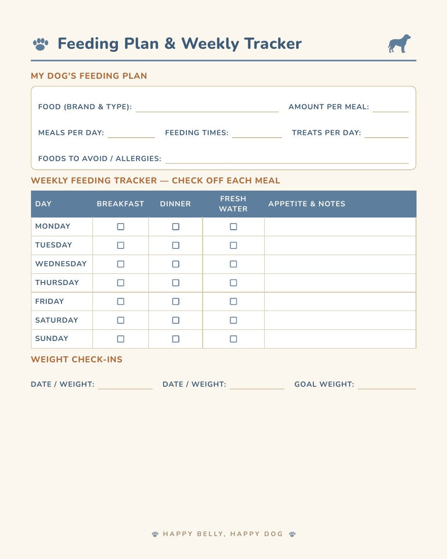 Feeding plan and weekly feeding tracker page - printable dog feeding schedule log book