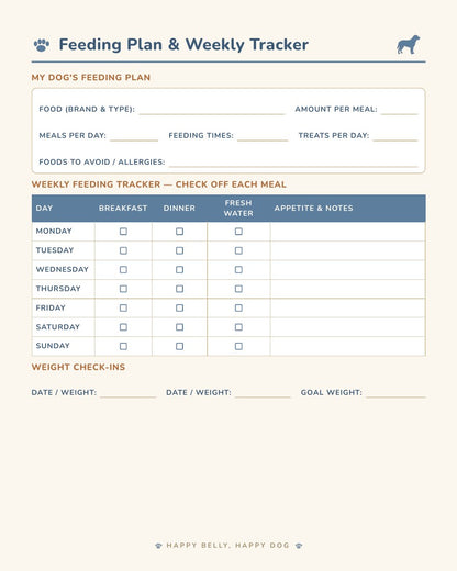 Feeding plan and weekly feeding tracker page - printable dog feeding schedule log book