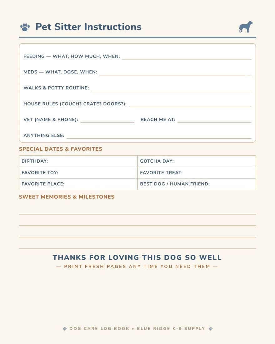 Pet sitter instructions page - dog sitter notes, special dates and favorites, printable pet care planner