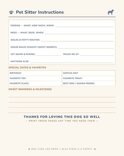 Pet sitter instructions page - dog sitter notes, special dates and favorites, printable pet care planner