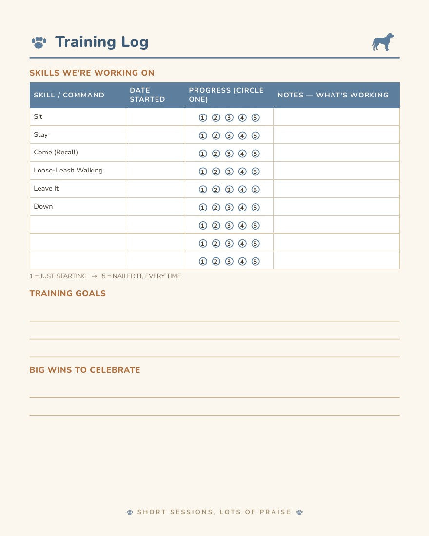 Training log page from the Dog Care Log Book - dog training progress tracker with 1 to 5 ratings