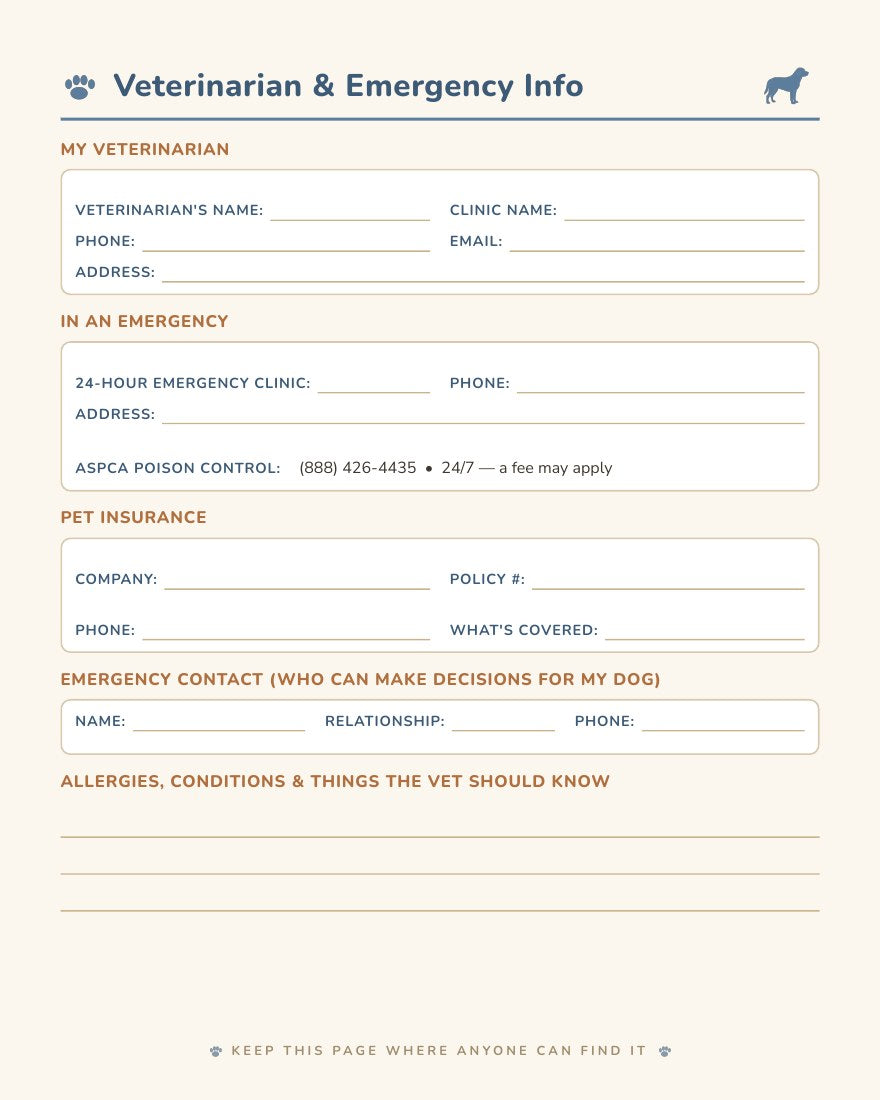 Veterinarian and emergency info page from the Dog Care Log Book - vet record keeper for dog moms