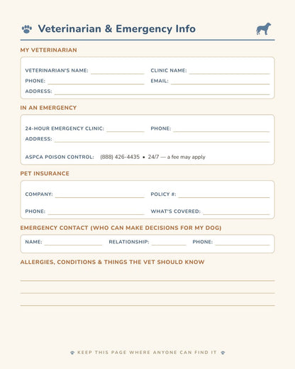 Veterinarian and emergency info page from the Dog Care Log Book - vet record keeper for dog moms