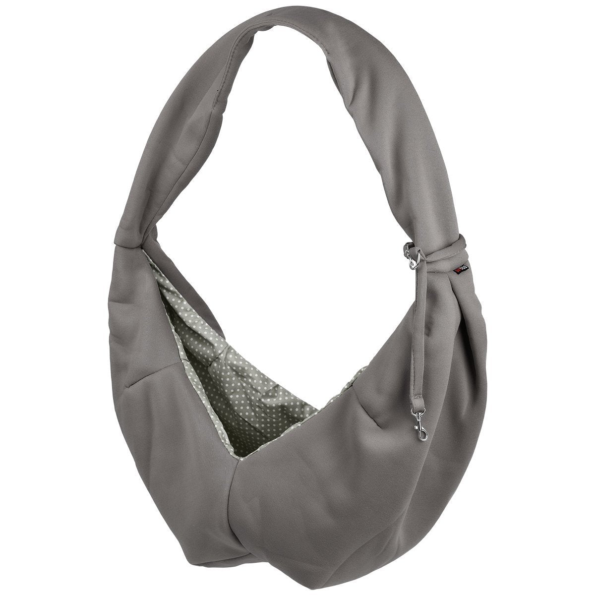 A girl wearing a Comfortable pet slings with her dog in it great for for carrying small dogs and cats – hands-free, adjustable, and stylish pet carriers