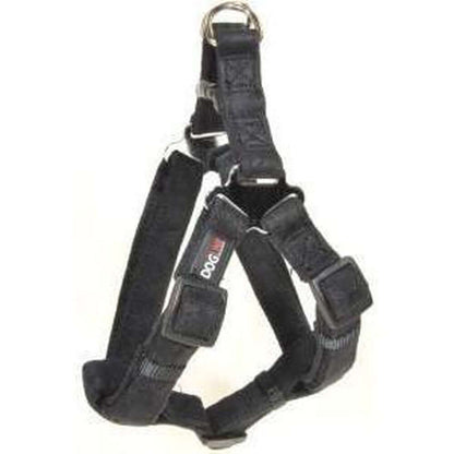 Black dog harness with quick release buckle, made from soft microfiber, step-in, flat design