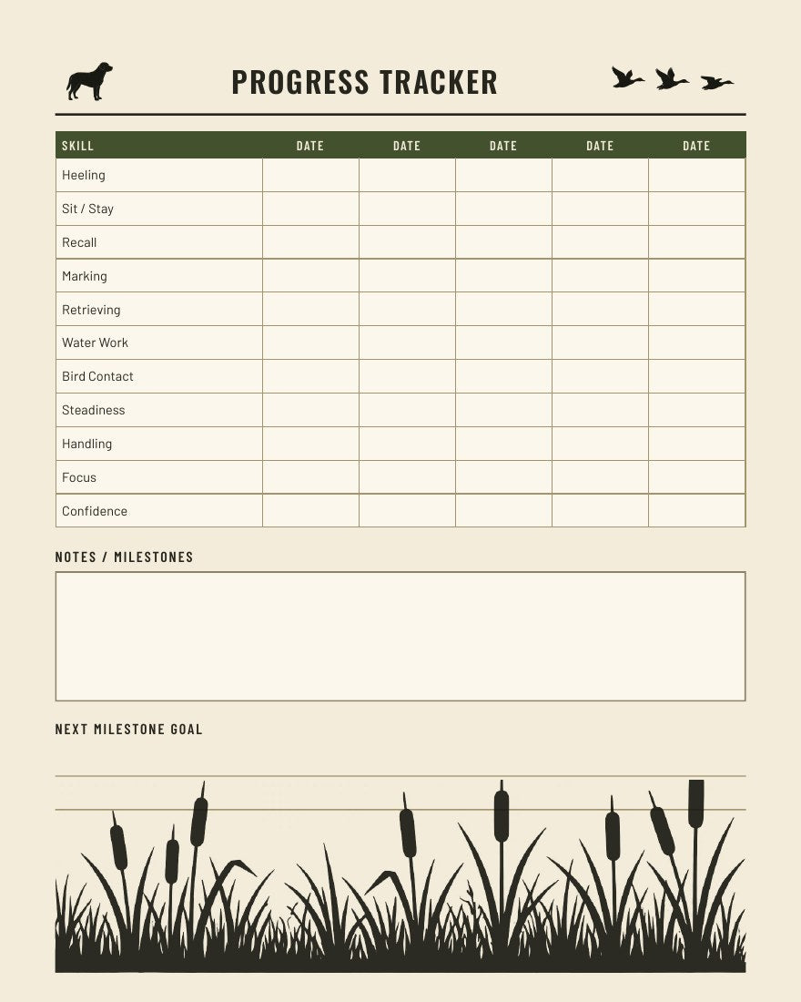 Gun dog training progress tracker worksheet - rate heeling, recall, marking, retrieving, water work and steadiness by date, printable PDF