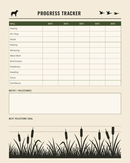 Gun dog training progress tracker worksheet - rate heeling, recall, marking, retrieving, water work and steadiness by date, printable PDF