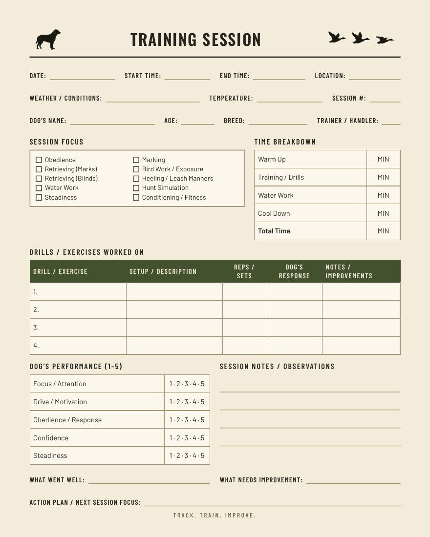 Detailed hunting dog training session log page with drills table, dog performance ratings and session notes - printable retriever training tracker