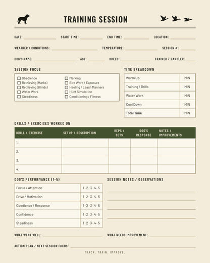 Detailed hunting dog training session log page with drills table, dog performance ratings and session notes - printable retriever training tracker