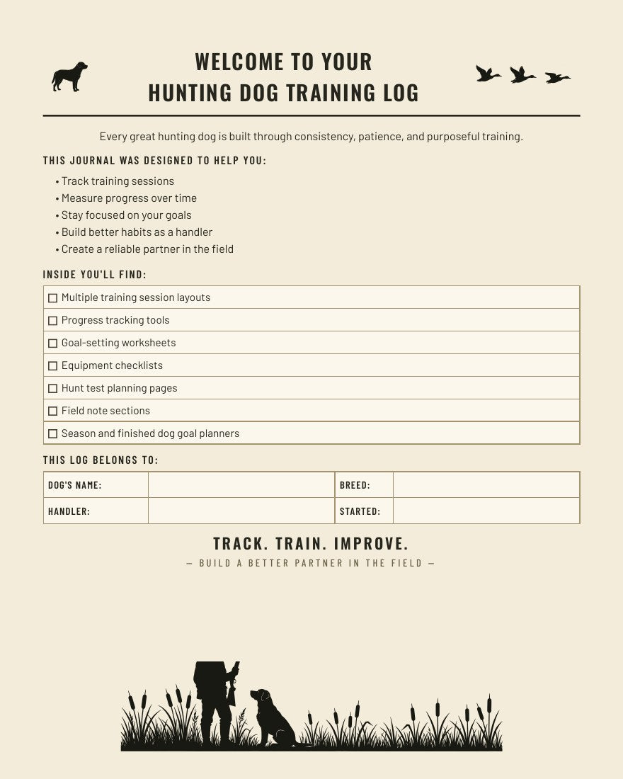 Welcome page of the printable hunting dog training journal with contents list and dog profile section - gun dog training planner