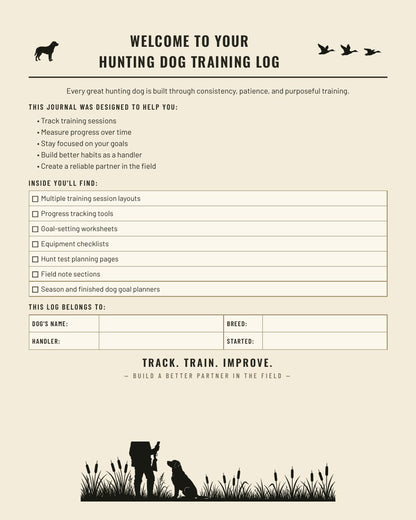 Welcome page of the printable hunting dog training journal with contents list and dog profile section - gun dog training planner