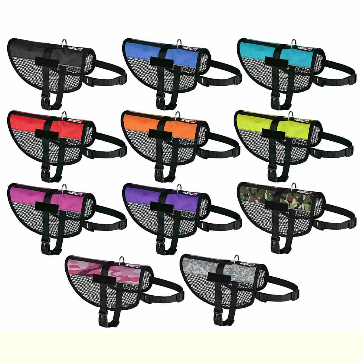 Display showing Cooling mesh air vest for dogs to stay cool during outdoor activities in multiple colors 