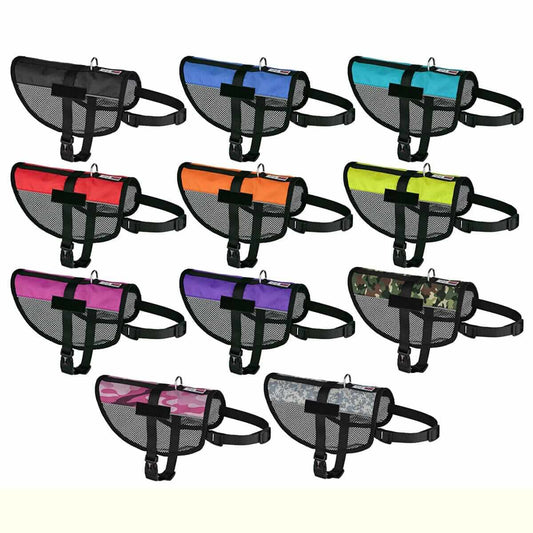 Display showing Cooling mesh air vest for dogs to stay cool during outdoor activities in multiple colors 