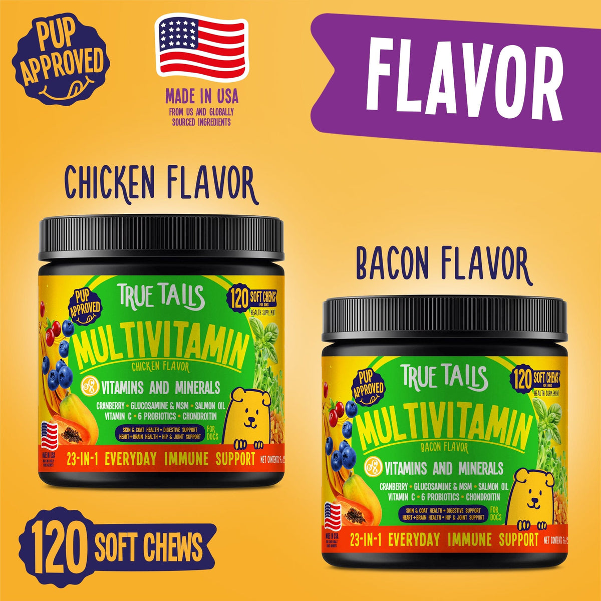 True Tails Multivitamin dog chews in natural chicken and bacon flavors - 120 soft chews per jar