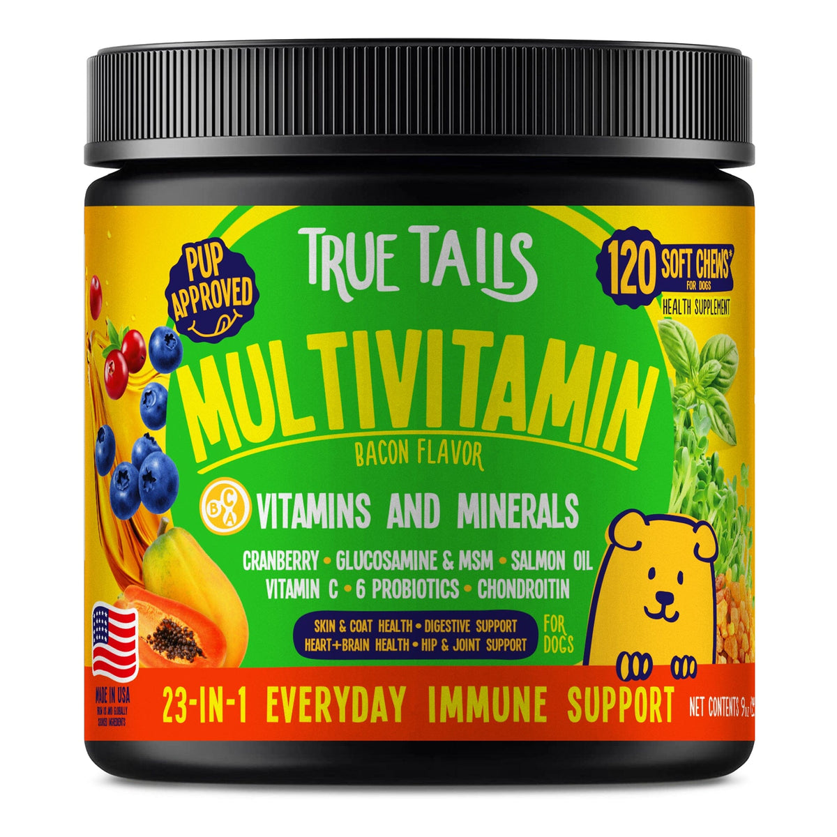 True Tails Multivitamin chews for dogs bacon flavor jar - 23-in-1 dog vitamins 120 soft chews