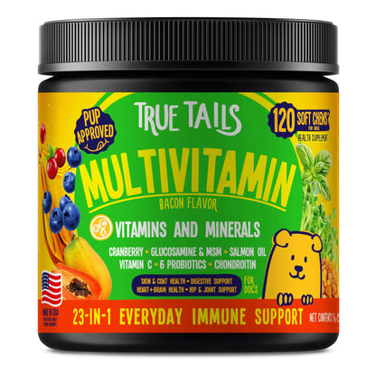 True Tails Multivitamin chews for dogs bacon flavor jar - 23-in-1 dog vitamins 120 soft chews