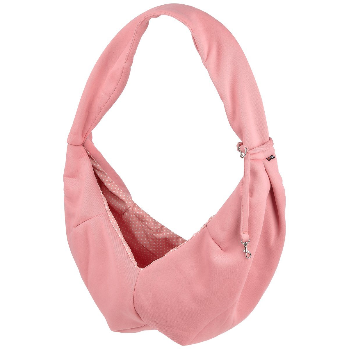 A girl wearing a Comfortable pet slings with her dog in it great for for carrying small dogs and cats – hands-free, adjustable, and stylish pet carriers