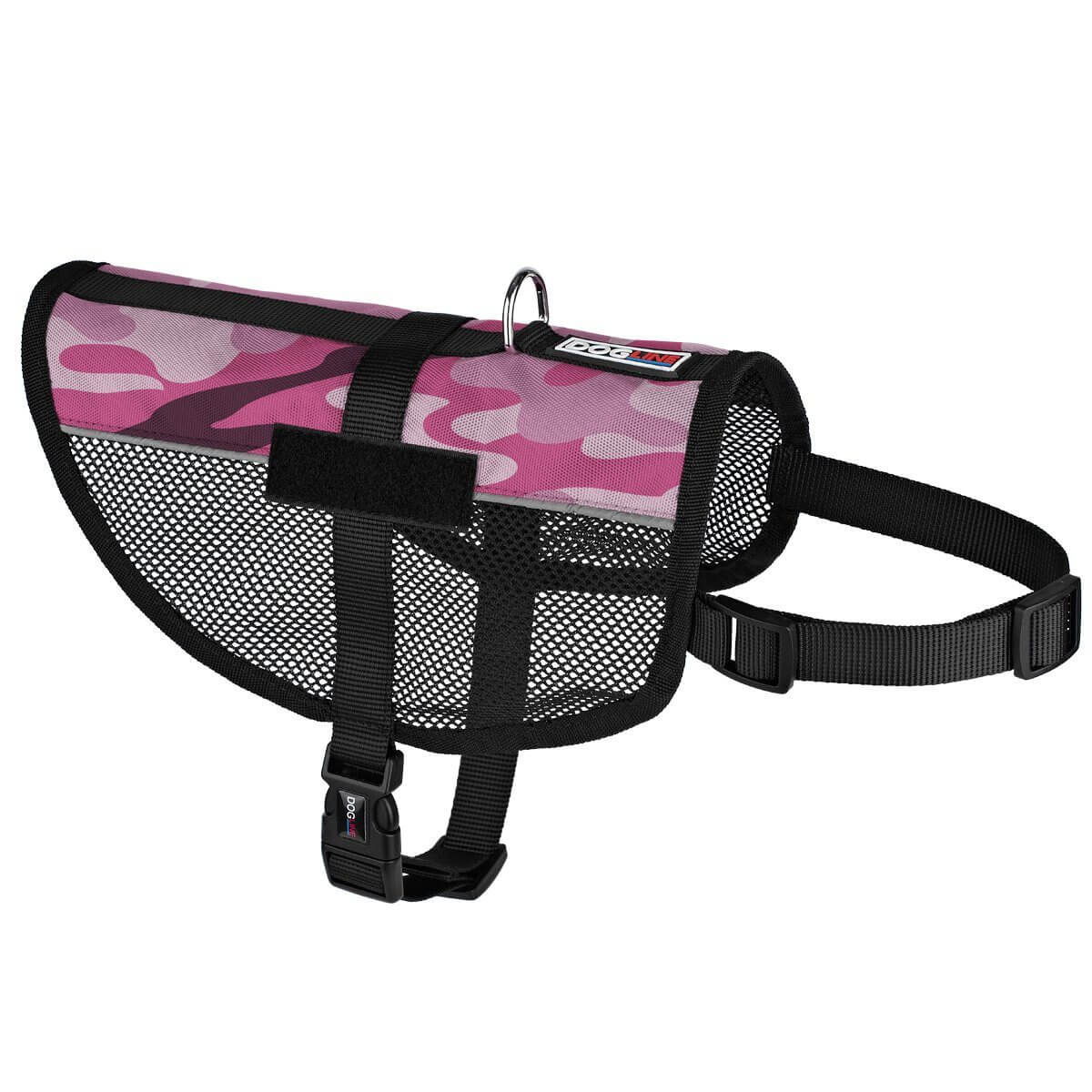 A display of a pink Soft, ventilated dog vest harness made with breathable mesh fabric