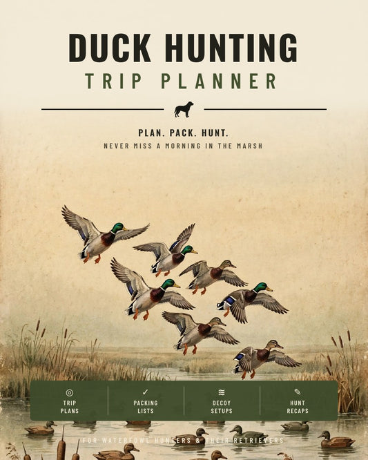 Duck Hunting Trip Planner printable cover - mallards cupping over a decoy spread at dawn, vintage waterfowl art
