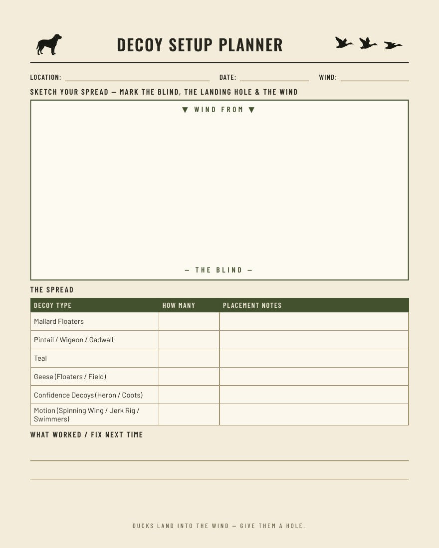 Decoy setup planner page - sketch your spread diagram with wind direction, landing hole and decoy counts table