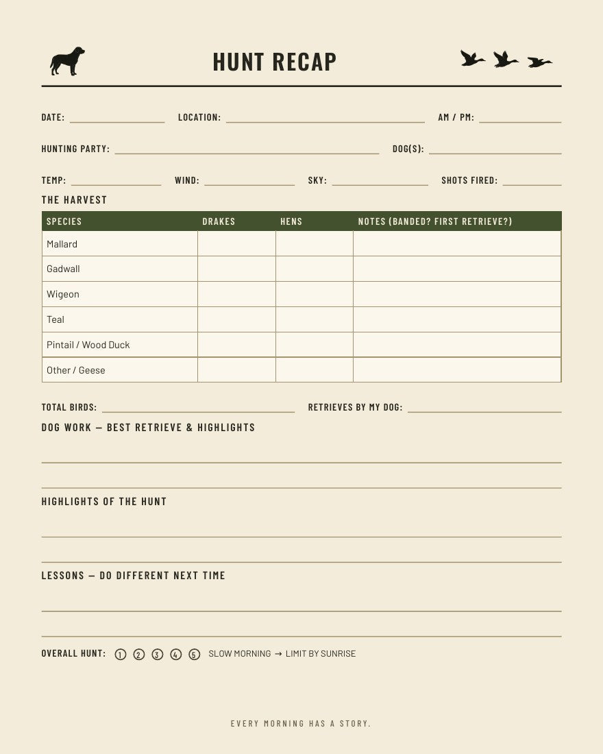 Hunt recap sheet - harvest table by species, dog work highlights, lessons and hunt rating