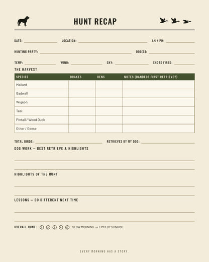 Hunt recap sheet - harvest table by species, dog work highlights, lessons and hunt rating