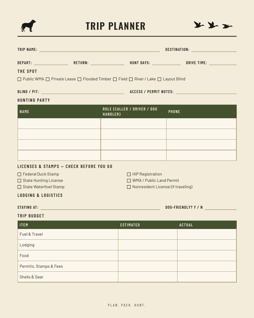 Duck hunting trip planner page - hunting party, licenses and stamps checklist, lodging and trip budget