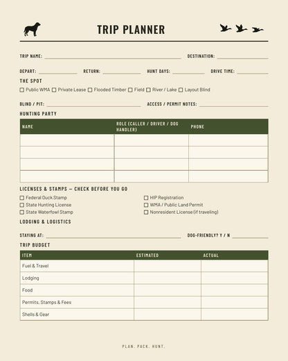 Duck hunting trip planner page - hunting party, licenses and stamps checklist, lodging and trip budget