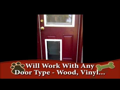Halie pet door for dogs and cats installed in a standard door, featuring a secure flap and weather-resistant frame for easy pet access 