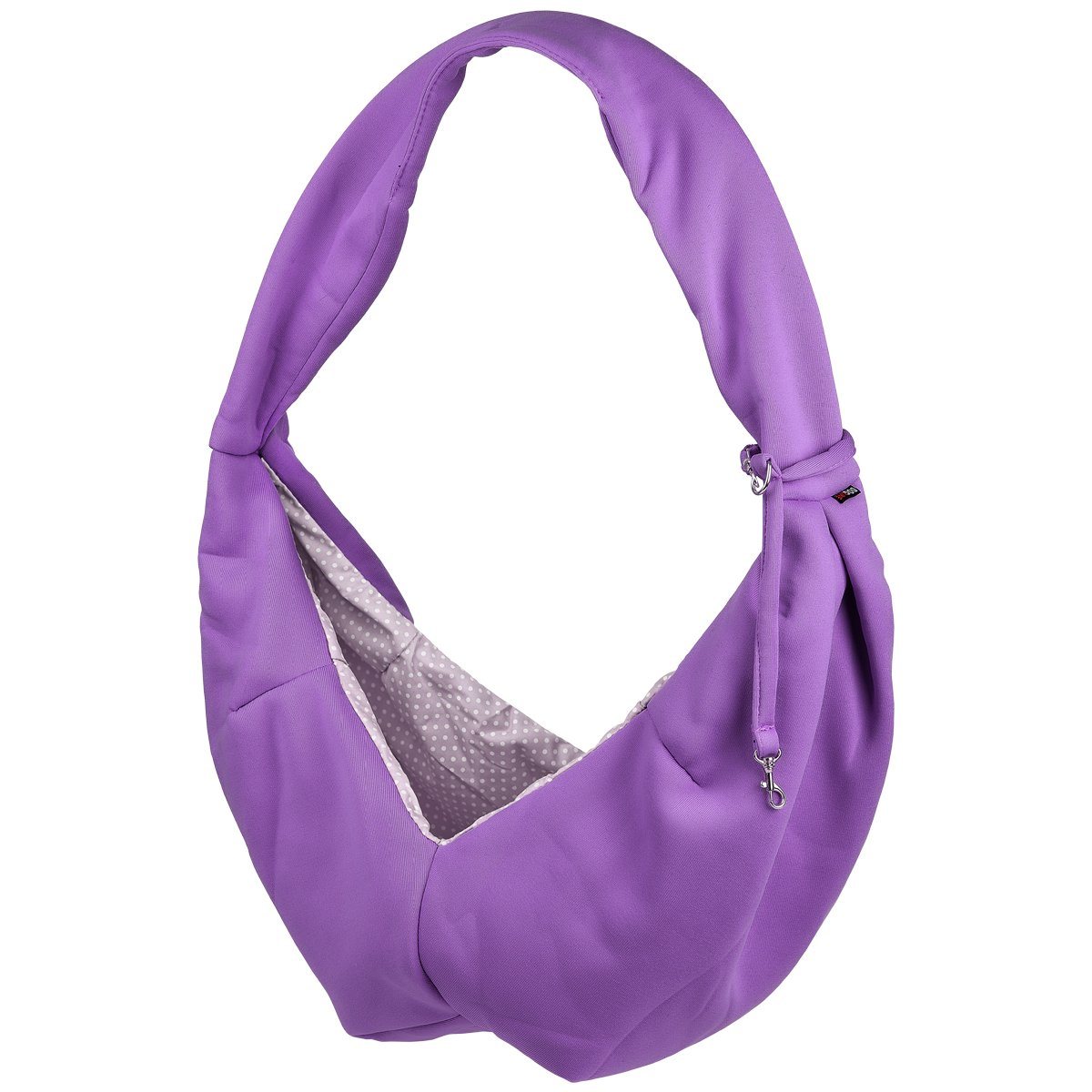 A girl wearing a Comfortable pet slings with her dog in it great for for carrying small dogs and cats – hands-free, adjustable, and stylish pet carriers