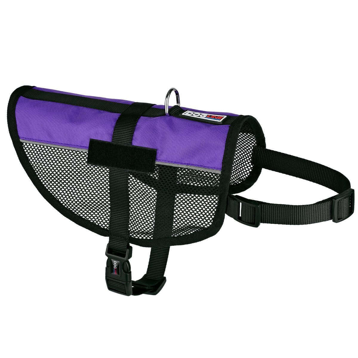 A display of a purple Soft, ventilated dog vest harness made with breathable mesh fabric