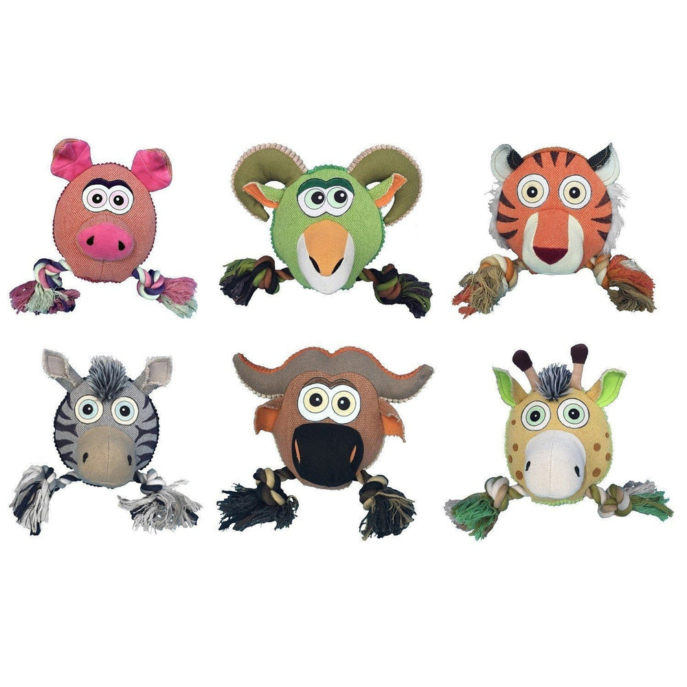 Safari animal-themed dog toys set with durable ball and rope, perfect for interactive play and chewing